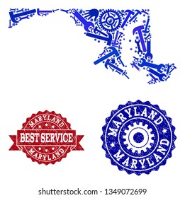 Best service composition of blue mosaic map of Maryland State and textured seals. Mosaic map of Maryland State constructed with gears, spanners, hands. Vector imprints with distress rubber texture.