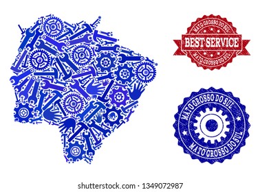 Best service composition of blue mosaic map of Mato Grosso do Sul State and scratched seals. Mosaic map of Mato Grosso do Sul State designed with gearwheels,cogwheels, wrenches, hands.