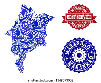 Best service composition of blue mosaic map of Maranhao State and dirty seals. Mosaic map of Maranhao State constructed with gears, spanners, hands. Vector seals with unclean rubber texture.