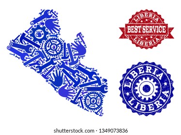 Best service composition of blue mosaic map of Liberia and grunge stamps. Mosaic map of Liberia designed with cogs, spanners, hands. Vector seals with grunge rubber texture.