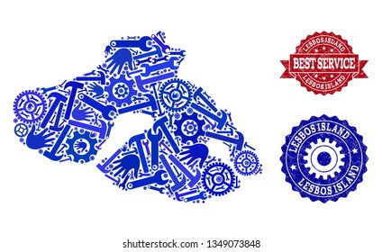 Best service composition of blue mosaic map of Lesbos Island and corroded seals. Mosaic map of Lesbos Island designed with gears, spanners, hands. Vector seals with scratched rubber texture.