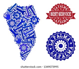 Best service composition of blue mosaic map of La Palma Island and rubber stamps. Mosaic map of La Palma Island designed with gearwheels,cogwheels, spanners, hands.