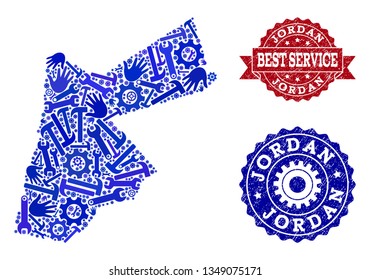 Best service composition of blue mosaic map of Jordan and rubber stamps. Mosaic map of Jordan designed with gears, wrenches, hands. Vector seals with corroded rubber texture.