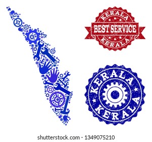 Best service composition of blue mosaic map of Kerala State and grunge seals. Mosaic map of Kerala State constructed with gearwheels,cogwheels, spanners, hands.