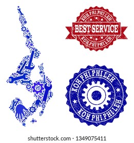 Best service composition of blue mosaic map of Koh Phi Leh and grunge seals. Mosaic map of Koh Phi Leh constructed with gears, spanners, hands. Vector seals with grunge rubber texture.