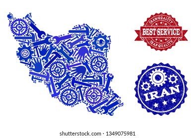 Best service composition of blue mosaic map of Iran and rubber seal stamps. Mosaic map of Iran designed with gearwheels,cogwheels, spanners, hands. Vector seals with unclean rubber texture.
