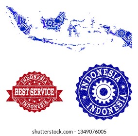 Best service composition of blue mosaic map of Indonesia and rubber seal stamps. Mosaic map of Indonesia designed with cogs, wrenches, hands. Vector imprints with corroded rubber texture.