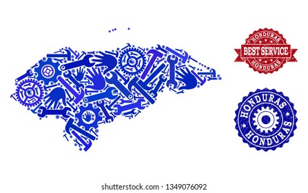 Best service composition of blue mosaic map of Honduras and rubber seal stamps. Mosaic map of Honduras constructed with gearwheels,cogwheels, spanners, hands.