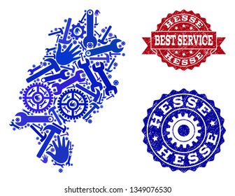 Best service composition of blue mosaic map of Hesse State and corroded seals. Mosaic map of Hesse State constructed with gears, wrenches, hands. Vector imprints with corroded rubber texture.