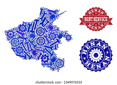 Best service composition of blue mosaic map of Henan Province and corroded seals. Mosaic map of Henan Province designed with gearwheels,cogwheels, wrenches, hands.