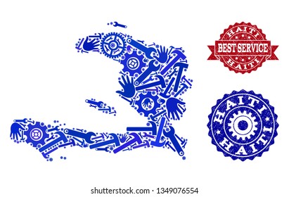 Best service composition of blue mosaic map of Haiti and scratched seals. Mosaic map of Haiti designed with gears, spanners, hands. Vector seals with scratched rubber texture.