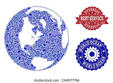 Best service composition of blue mosaic map of global ocean and rubber seals. Mosaic map of global ocean designed with gears, spanners, hands. Vector seals with unclean rubber texture.