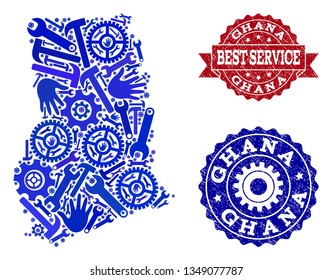 Best service composition of blue mosaic map of Ghana and corroded seal stamps. Mosaic map of Ghana constructed with cogs, spanners, hands. Vector imprints with corroded rubber texture.