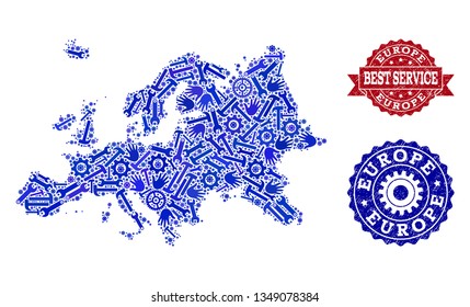 Best service composition of blue mosaic map of Europe and rubber seal stamps. Mosaic map of Europe designed with gearwheels,cogwheels, wrenches, hands. Vector imprints with grunge rubber texture.