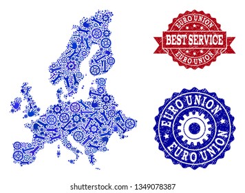 Best service composition of blue mosaic map of Euro Union and dirty seal stamps. Mosaic map of Euro Union constructed with gears, wrenches, hands. Vector seals with corroded rubber texture.