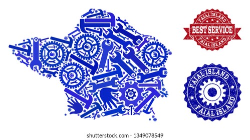 Best service composition of blue mosaic map of Faial Island and unclean seals. Mosaic map of Faial Island constructed with gearwheels,cogwheels, spanners, hands.