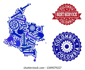 Best service composition of blue mosaic map of Colombia and unclean seals. Mosaic map of Colombia designed with gearwheels,cogwheels, wrenches, hands. Vector watermarks with unclean rubber texture.