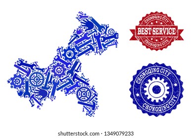 Best service composition of blue mosaic map of Chongqing Municipality and rubber seals. Mosaic map of Chongqing Municipality constructed with gears, spanners, hands.