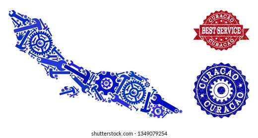 Best service composition of blue mosaic map of Curacao Island and scratched seals. Mosaic map of Curacao Island constructed with cogs, wrenches, hands. Vector watermarks with distress rubber texture.