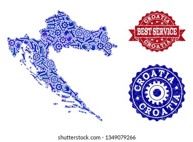 Best service composition of blue mosaic map of Croatia and rubber seals. Mosaic map of Croatia constructed with cogs, wrenches, hands. Vector imprints with corroded rubber texture.