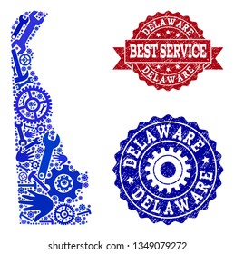 Best service composition of blue mosaic map of Delaware State and unclean stamps. Mosaic map of Delaware State constructed with gearwheels,cogwheels, spanners, hands.