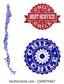 Best service composition of blue mosaic map of Chile and dirty seal stamps. Mosaic map of Chile designed with cogs, wrenches, hands. Vector imprints with grunge rubber texture.