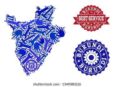 Best service composition of blue mosaic map of Burundi and dirty seals. Mosaic map of Burundi designed with cogs, spanners, hands. Vector seals with retro rubber texture.