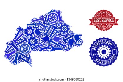 Best service composition of blue mosaic map of Burkina Faso and corroded seals. Mosaic map of Burkina Faso constructed with gearwheels,cogwheels, spanners, hands.