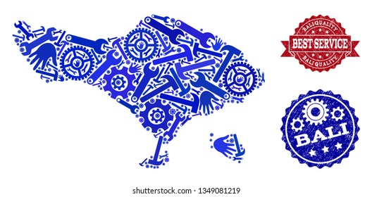 Best service composition of blue mosaic map of Bali Island and unclean seal stamps. Mosaic map of Bali Island constructed with gearwheels,cogwheels, wrenches, hands.