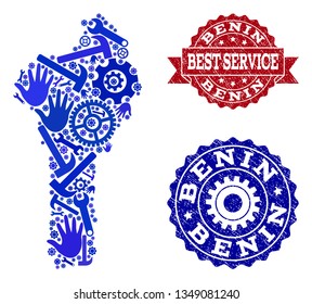 Best service composition of blue mosaic map of Benin and dirty seal stamps. Mosaic map of Benin designed with gearwheels,cogwheels, wrenches, hands. Vector imprints with grunge rubber texture.
