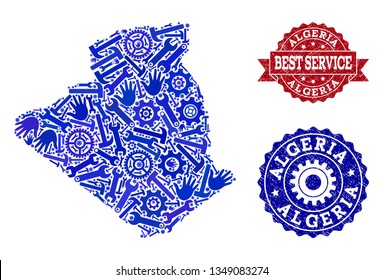 Best service composition of blue mosaic map of Algeria and scratched stamps. Mosaic map of Algeria constructed with gearwheels,cogwheels, wrenches, hands.