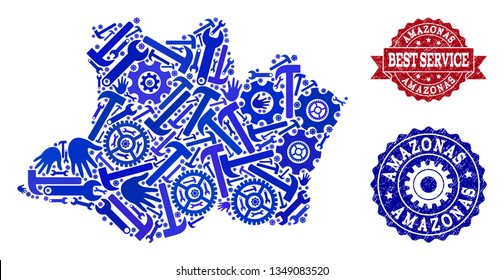 Best service composition of blue mosaic map of Amazonas State and dirty stamps. Mosaic map of Amazonas State designed with gearwheels,cogwheels, wrenches, hands.