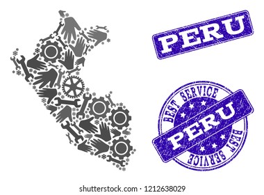 Best service composition of mosaic map of Peru and blue rubber seal stamps. Mosaic map of Peru constructed with gray gears and wrenches. Vector blue watermarks with corroded rubber texture.