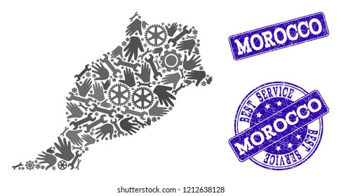 Best service composition of mosaic map of Morocco and blue rubber seal stamps. Mosaic map of Morocco designed with gray gears and wrenches. Vector blue watermarks with scratched rubber texture.