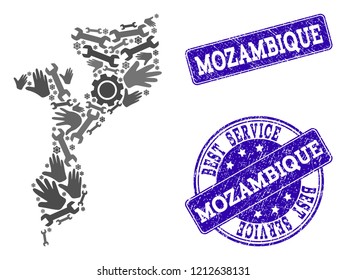 Best service composition of mosaic map of Mozambique and blue rubber stamps. Mosaic map of Mozambique constructed with gray gears and wrenches. Vector blue watermarks with retro rubber texture.