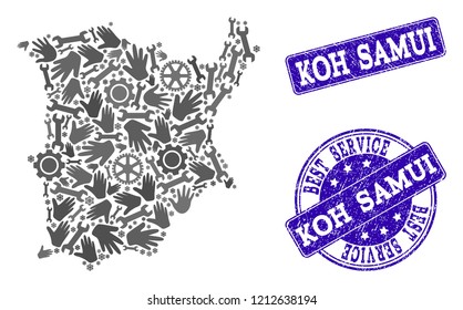 Best service composition of mosaic map of Koh Samui and blue corroded seals. Mosaic map of Koh Samui designed with gray gears and wrenches. Vector blue seals with distress rubber texture.