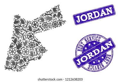 Best service composition of mosaic map of Jordan and blue rubber seal stamps. Mosaic map of Jordan constructed with gray gears and wrenches. Vector blue watermarks with distress rubber texture.