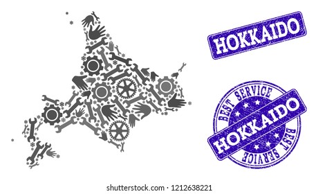 Best service composition of mosaic map of Japanese Hokkaido and blue rubber seal stamps. Mosaic map of Japanese Hokkaido designed with gray gears and wrenches.