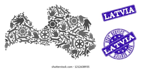 Best service composition of mosaic map of Latvia and blue grunge seals. Mosaic map of Latvia designed with gray gears and wrenches. Vector blue seals with distress rubber texture.