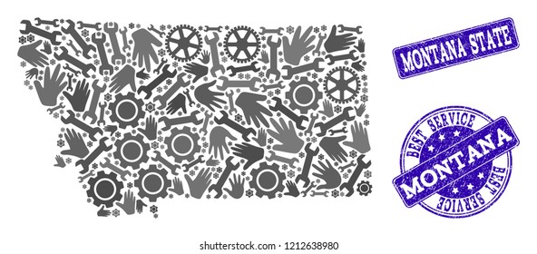 Best service composition of mosaic map of Montana State and blue scratched stamps. Mosaic map of Montana State designed with gray gears and wrenches.