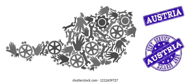 Best service composition of mosaic map of Austria and blue scratched seals. Mosaic map of Austria designed with gray gears and wrenches. Vector blue seals with unclean rubber texture.