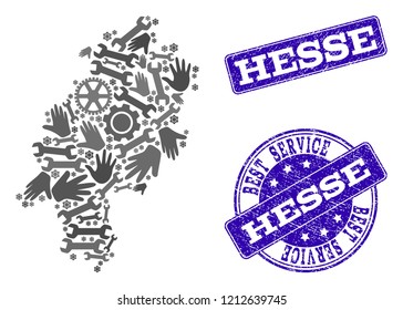 Best service composition of mosaic map of Hesse State and blue scratched seal stamps. Mosaic map of Hesse State designed with gray gears and wrenches.