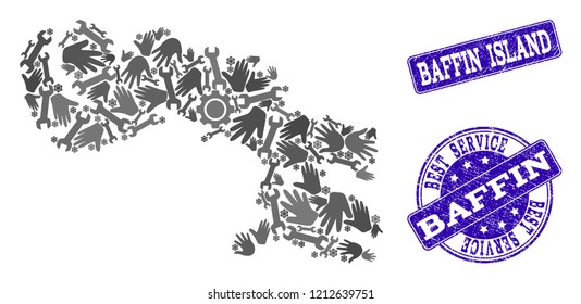 Best service composition of mosaic map of Baffin Island and blue rubber seals. Mosaic map of Baffin Island constructed with gray gears and wrenches. Vector blue imprints with distress rubber texture.