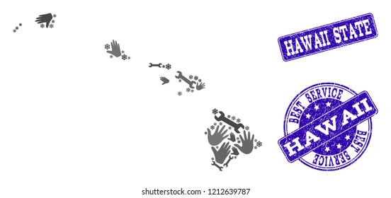Best service composition of mosaic map of Hawaii State and blue rubber seals. Mosaic map of Hawaii State constructed with gray gears and wrenches. Vector blue seals with unclean rubber texture.