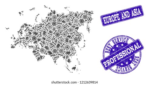 Best service composition of mosaic map of Europe and Asia and blue rubber seals. Mosaic map of Europe and Asia constructed with gray gears and wrenches. Vector blue imprints with retro rubber texture.