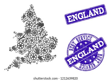 Best service composition of mosaic map of England and blue unclean seals. Mosaic map of England constructed with gray gears and wrenches. Vector blue seals with unclean rubber texture.