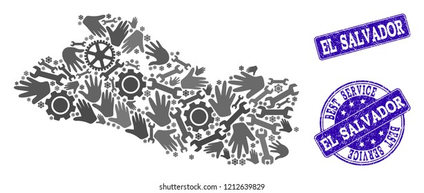 Best service composition of mosaic map of El Salvador and blue grunge seals. Mosaic map of El Salvador designed with gray gears and wrenches. Vector blue seals with corroded rubber texture.