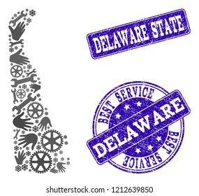 Best service composition of mosaic map of Delaware State and blue rubber seal stamps. Mosaic map of Delaware State constructed with gray gears and wrenches.