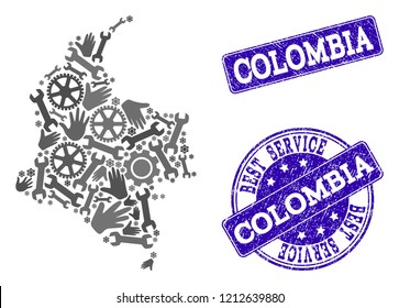 Best service composition of mosaic map of Colombia and blue scratched seals. Mosaic map of Colombia designed with gray gears and wrenches. Vector blue seals with distress rubber texture.