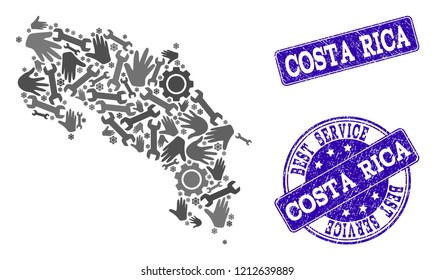 Best service composition of mosaic map of Costa Rica and blue scratched seals. Mosaic map of Costa Rica constructed with gray gears and wrenches. Vector blue seals with unclean rubber texture.